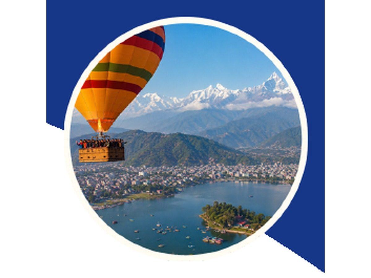 Hot air balloon above Pokhara Valley and Phewa Lake